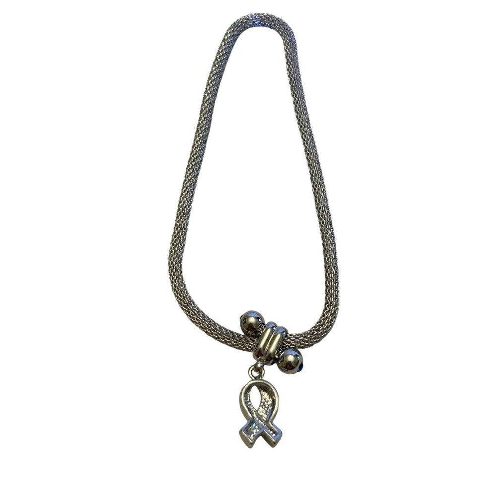 Silver Mesh Bracelet With Blue & Red Rhinestone Ribbon Pendant - Picture 2 of 10